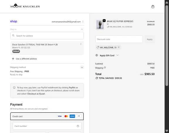 Moose Knuckles checkout page showing Moose Knuckles promo code box | Screenshot taken by SimplyCodes community member on Dec 30, 2025