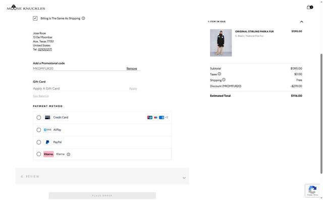 Moose Knuckles checkout page showing Moose Knuckles promo code box | Screenshot taken by SimplyCodes community member on Jul 14, 2025