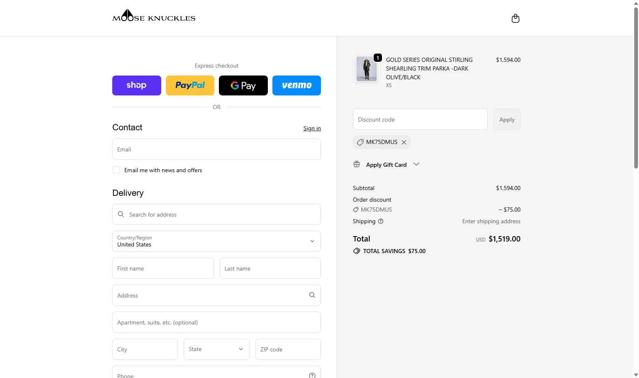 Moose Knuckles checkout page showing Moose Knuckles promo code box | Screenshot taken by SimplyCodes community member on Sep 30, 2025