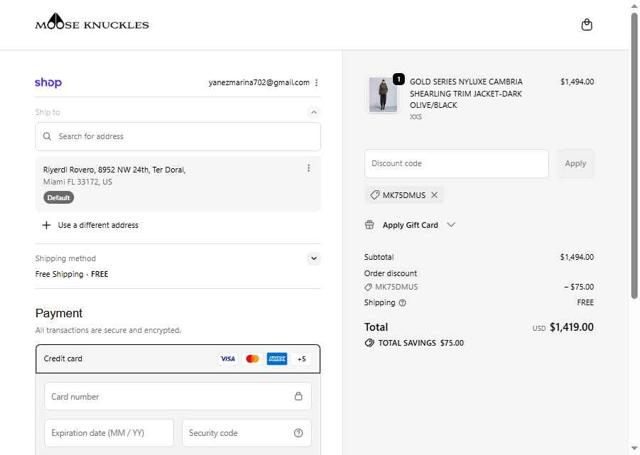 Moose Knuckles checkout page showing Moose Knuckles promo code box | Screenshot taken by SimplyCodes community member on Sep 30, 2025