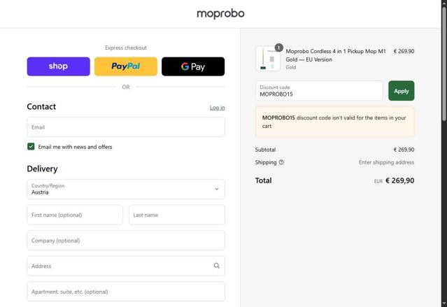 Moprobo checkout page showing Moprobo promo code box | Screenshot taken by SimplyCodes community member on Sep 3, 2025