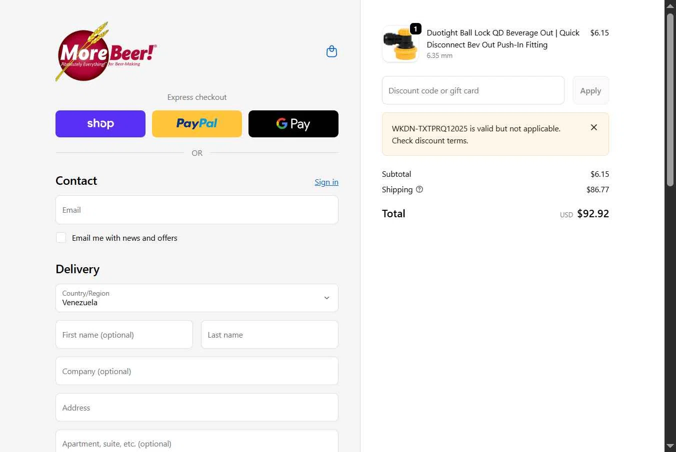 More Beer checkout page showing More Beer promo code box | Screenshot taken by SimplyCodes community member on Feb 6, 2026