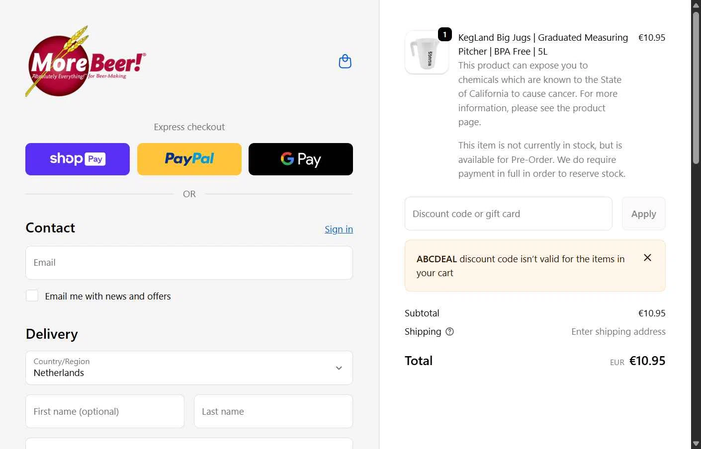 More Beer checkout page showing More Beer promo code box | Screenshot taken by SimplyCodes community member on Jan 10, 2026