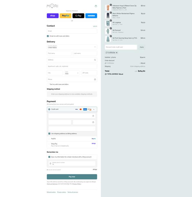 MORI checkout page showing MORI discount code box | Screenshot taken by SimplyCodes community member on Sep 8, 2025