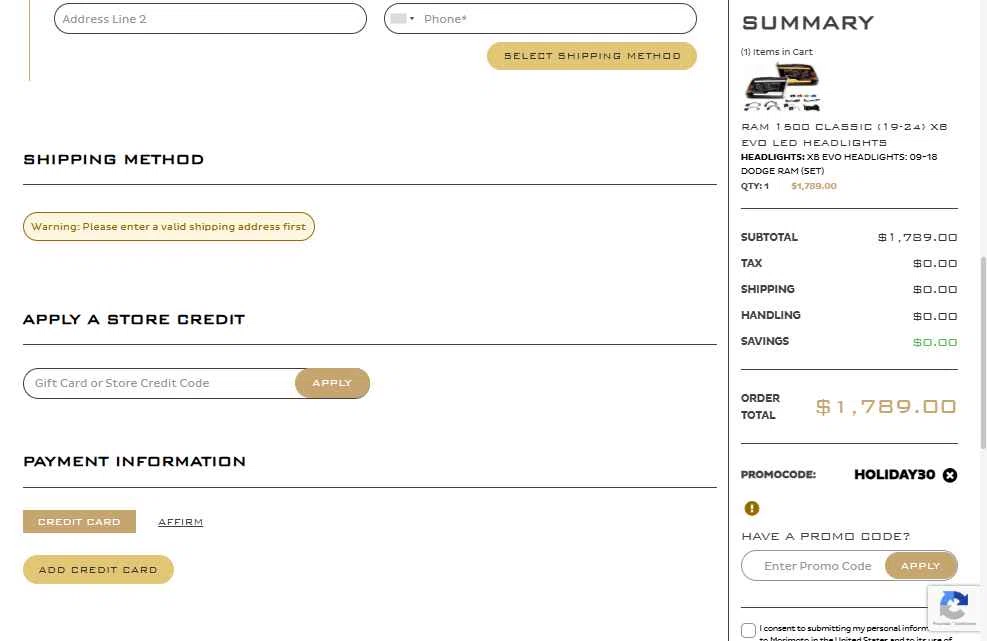 Morimoto Lighting checkout page showing Morimoto Lighting promo code box | Screenshot taken by SimplyCodes community member on Jan 17, 2026