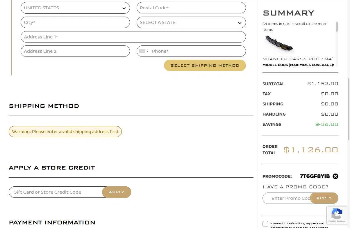 Morimoto Lighting checkout page showing Morimoto Lighting promo code box | Screenshot taken by SimplyCodes community member on Dec 17, 2025