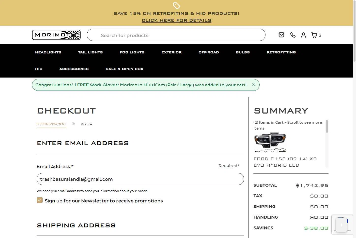Morimoto Lighting checkout page showing Morimoto Lighting promo code box | Screenshot taken by SimplyCodes community member on Jan 30, 2026
