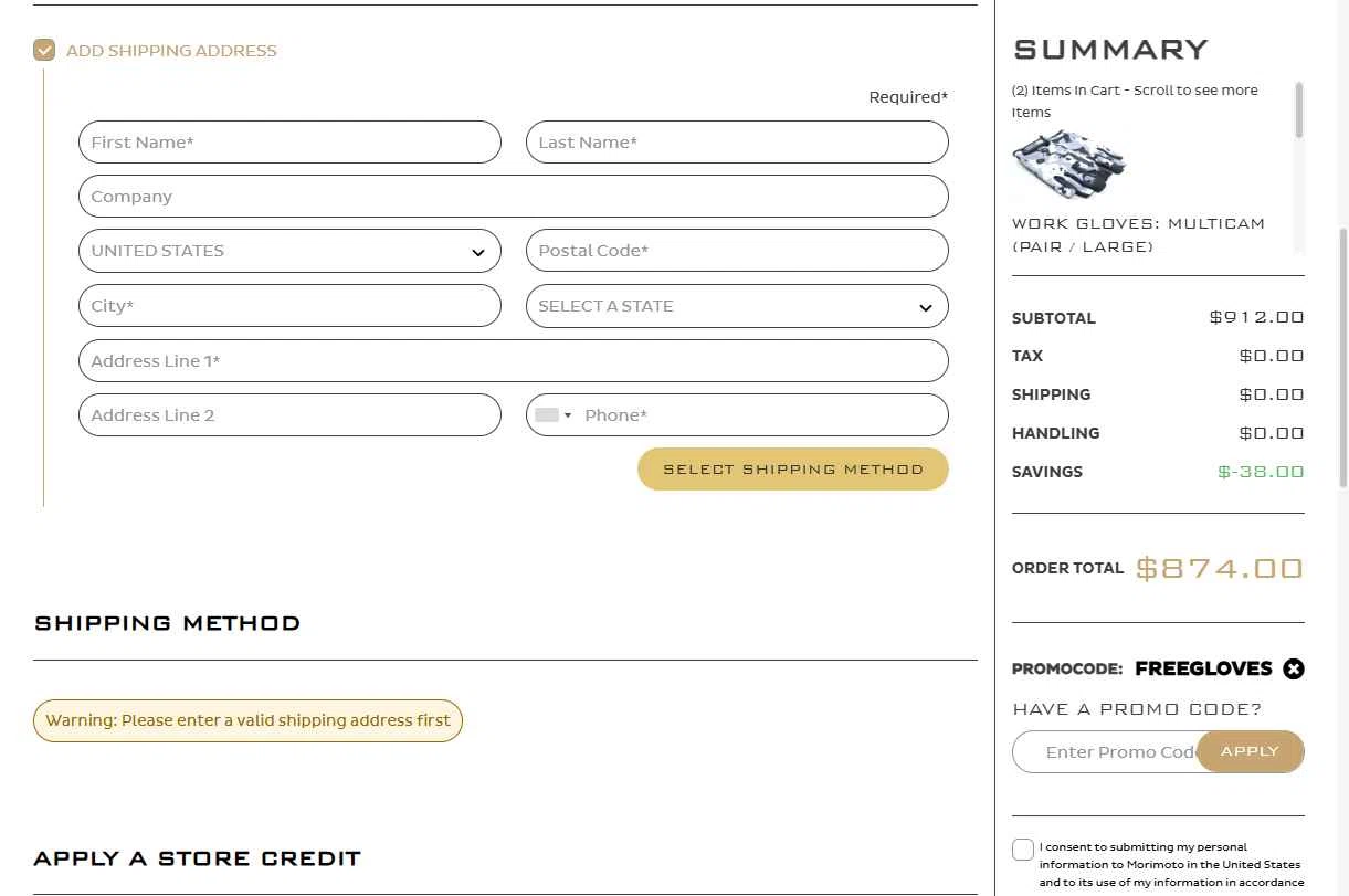 Morimoto Lighting checkout page showing Morimoto Lighting promo code box | Screenshot taken by SimplyCodes community member on Jan 1, 2026