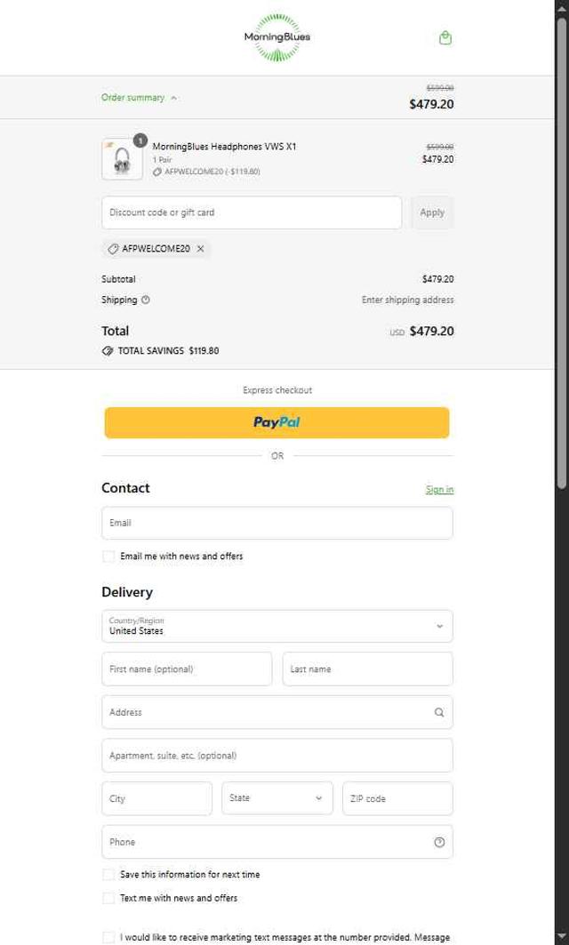 MorningBlues checkout page showing MorningBlues promo code box | Screenshot taken by SimplyCodes community member on Sep 10, 2025