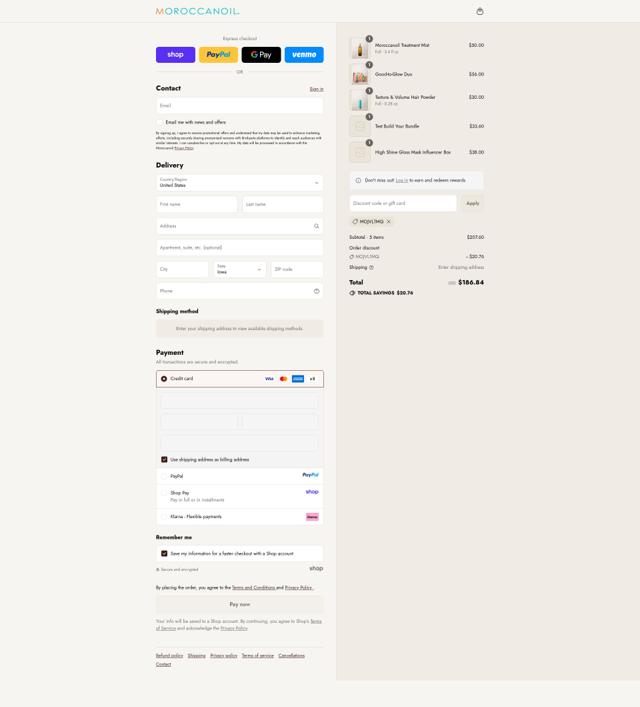Moroccanoil checkout page showing Moroccanoil promo code box | Screenshot taken by SimplyCodes community member on Sep 12, 2025