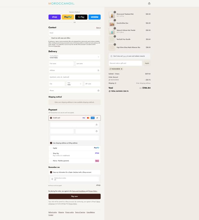 Moroccanoil checkout page showing Moroccanoil promo code box | Screenshot taken by SimplyCodes community member on Sep 12, 2025