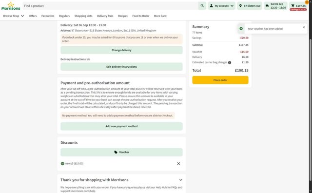Morrisons checkout page showing Morrisons discount code box | Screenshot taken by SimplyCodes community member on Aug 26, 2025