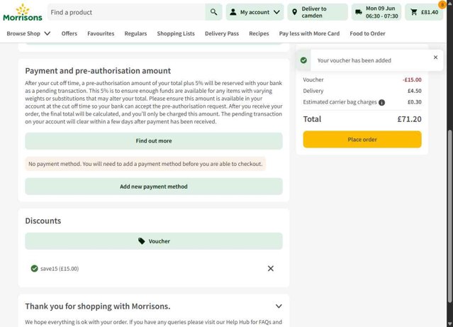 Morrisons checkout page showing Morrisons discount code box | Screenshot taken by SimplyCodes community member on Jun 5, 2025