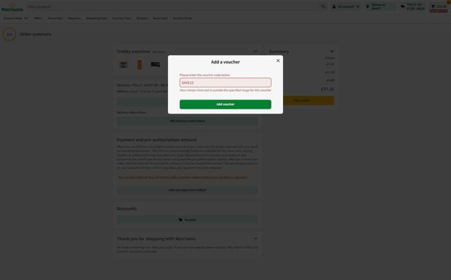Morrisons checkout page showing Morrisons discount code box | Screenshot taken by SimplyCodes community member on Jul 15, 2025