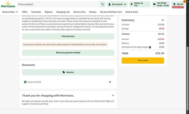 Morrisons checkout page showing Morrisons discount code box | Screenshot taken by SimplyCodes community member on Apr 24, 2025
