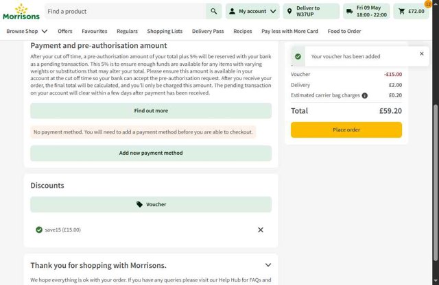 Morrisons checkout page showing Morrisons discount code box | Screenshot taken by SimplyCodes community member on May 7, 2025