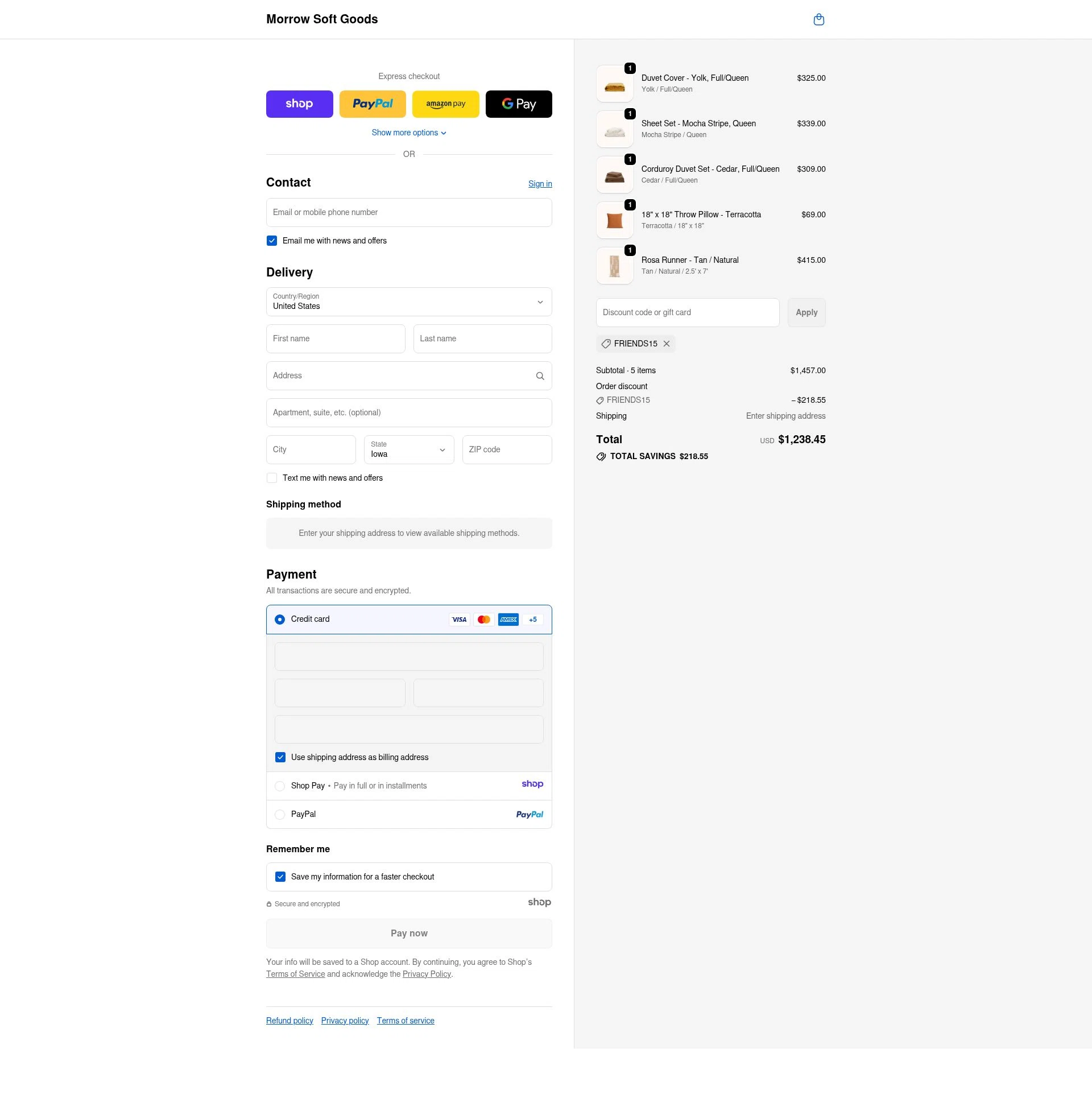 Morrow Soft Goods checkout page showing Morrow Soft Goods discount code box | Screenshot taken by SimplyCodes community member on Dec 22, 2025