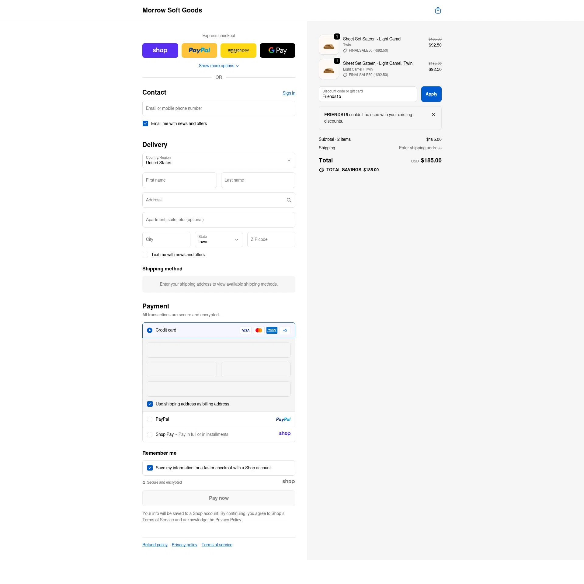 Morrow Soft Goods checkout page showing Morrow Soft Goods discount code box | Screenshot taken by SimplyCodes community member on Nov 28, 2025