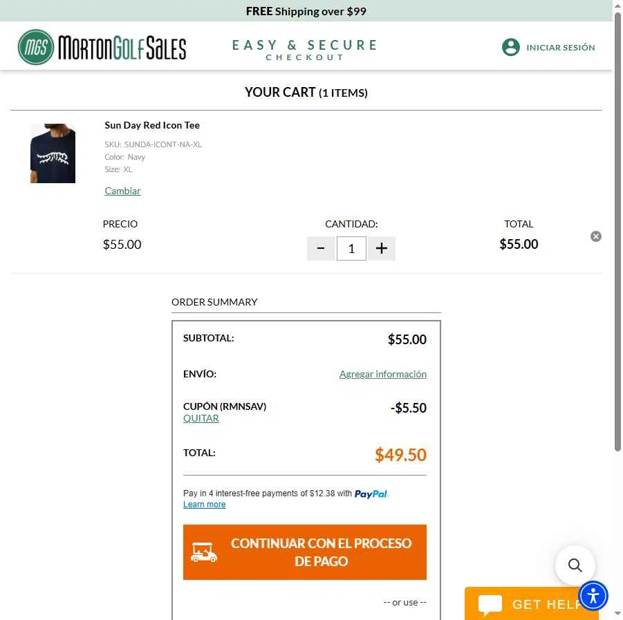 Morton Golf Sales checkout page showing Morton Golf Sales coupon code box | Screenshot taken by SimplyCodes community member on Nov 14, 2025