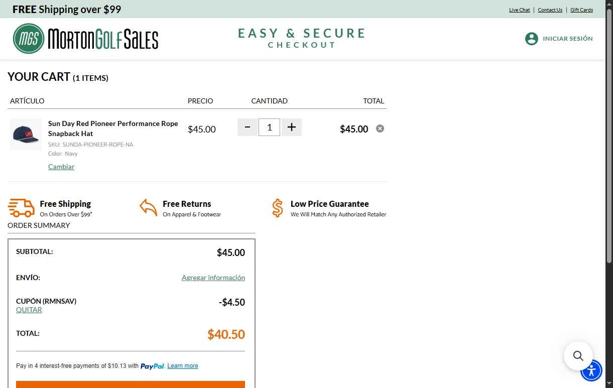 Morton Golf Sales checkout page showing Morton Golf Sales coupon code box | Screenshot taken by SimplyCodes community member on Nov 14, 2025