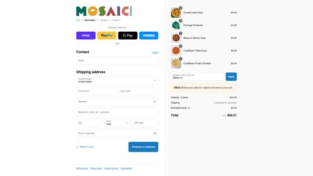 Mosaic Foods checkout page showing Mosaic Foods discount code box | Screenshot taken by SimplyCodes community member on Sep 4, 2025