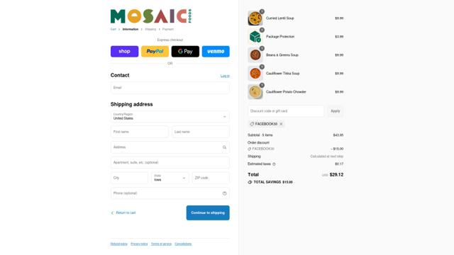 Mosaic Foods checkout page showing Mosaic Foods discount code box | Screenshot taken by SimplyCodes community member on Sep 8, 2025