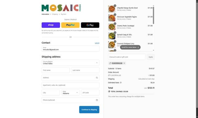 Mosaic Foods checkout page showing Mosaic Foods discount code box | Screenshot taken by SimplyCodes community member on Sep 7, 2025