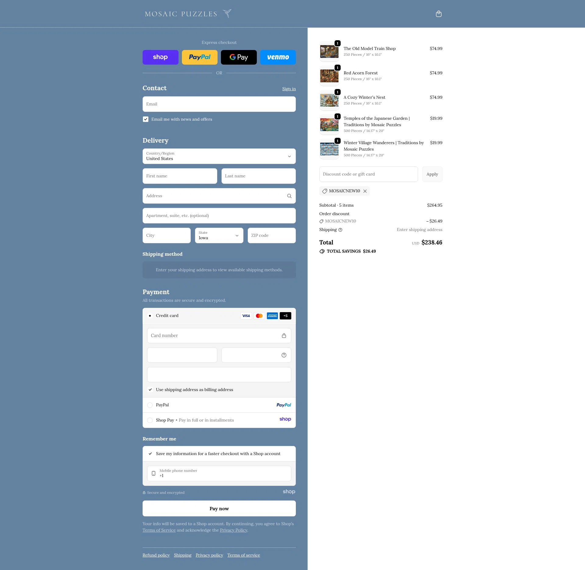 Mosaic Puzzles checkout page showing Mosaic Puzzles discount code box | Screenshot taken by SimplyCodes community member on Nov 16, 2025