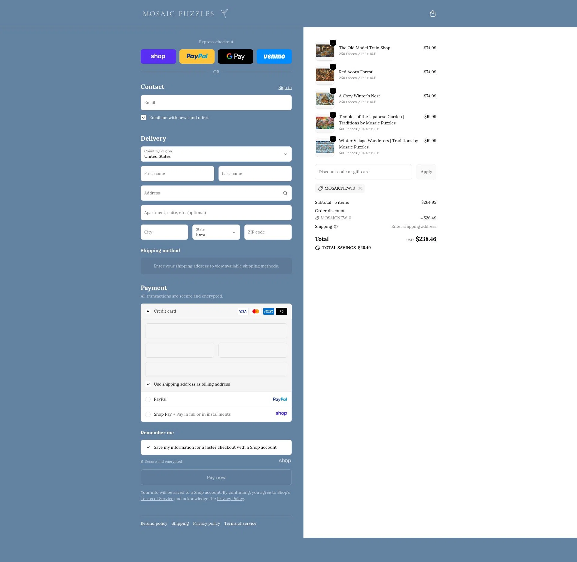 Mosaic Puzzles checkout page showing Mosaic Puzzles discount code box | Screenshot taken by SimplyCodes community member on Dec 1, 2025