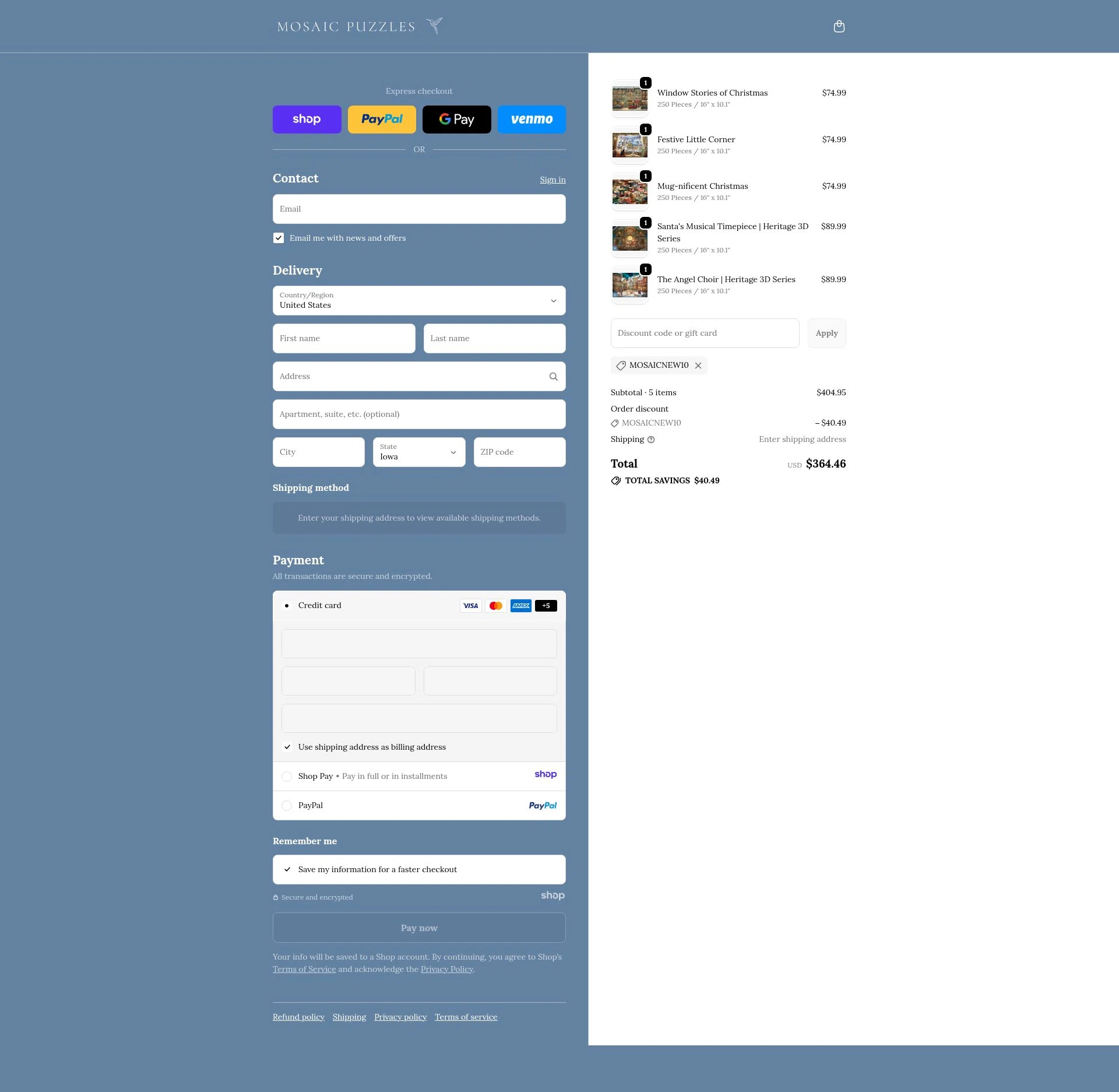Mosaic Puzzles checkout page showing Mosaic Puzzles discount code box | Screenshot taken by SimplyCodes community member on Dec 24, 2025