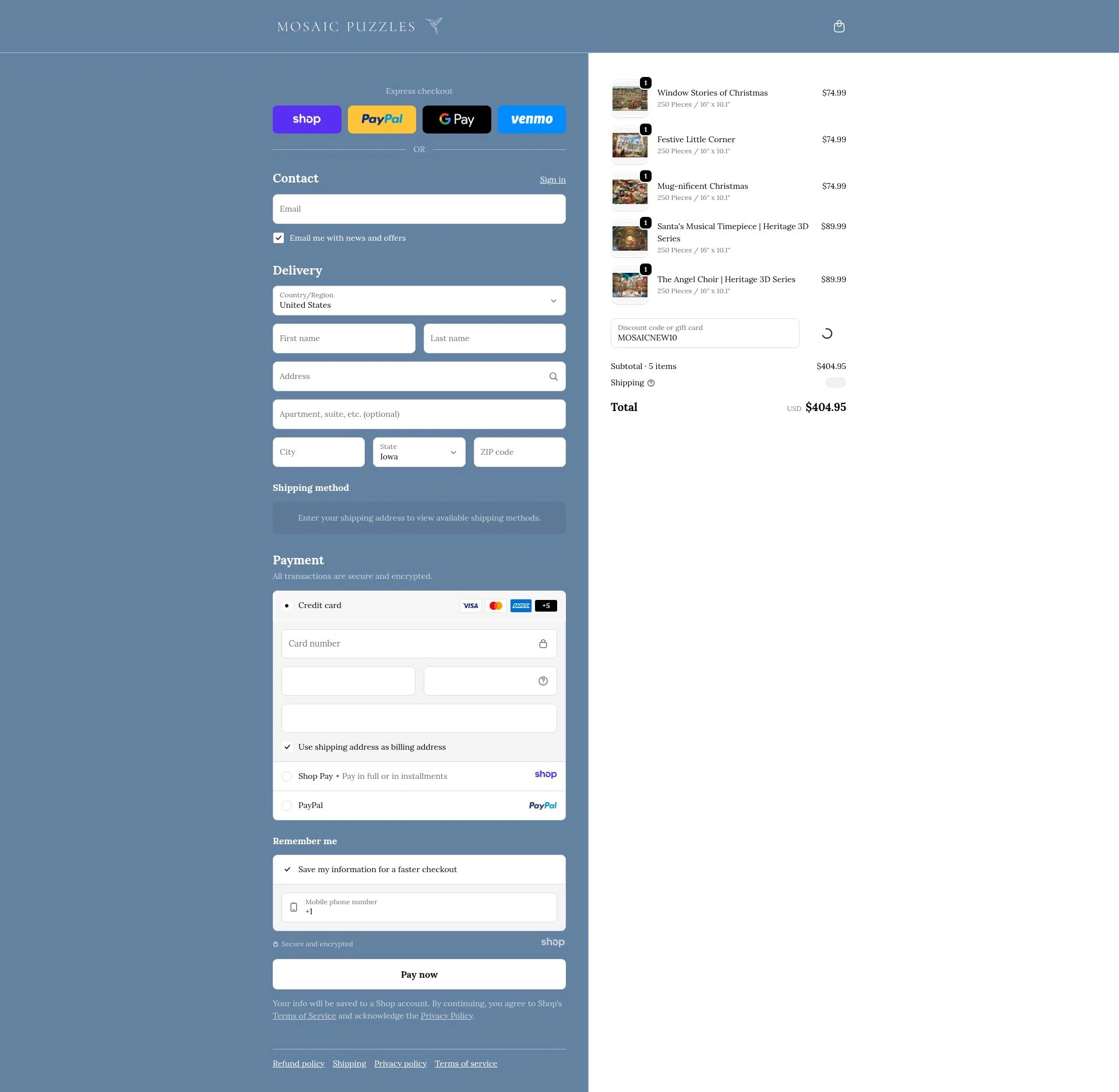 Mosaic Puzzles checkout page showing Mosaic Puzzles discount code box | Screenshot taken by SimplyCodes community member on Dec 29, 2025