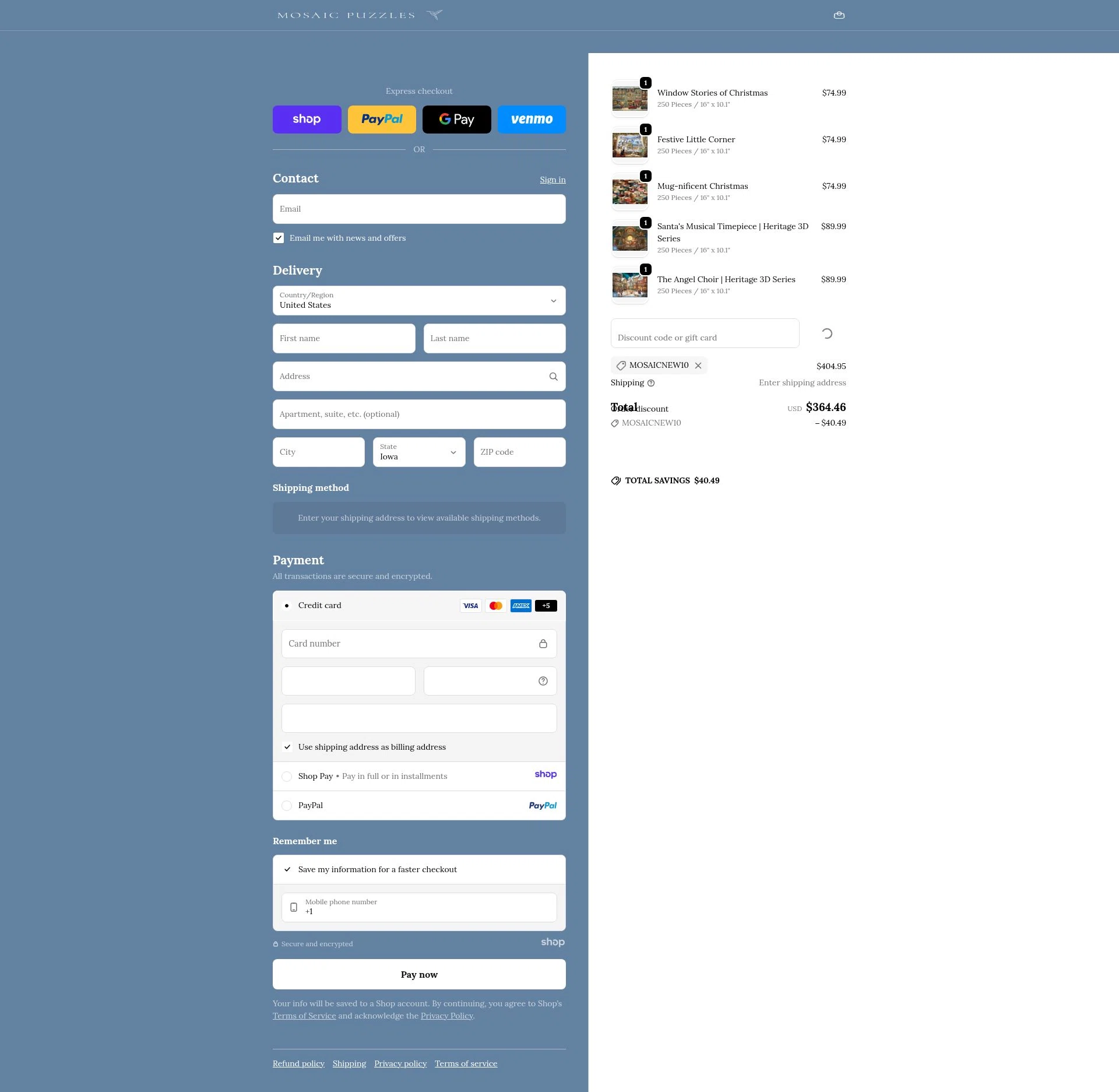 Mosaic Puzzles checkout page showing Mosaic Puzzles discount code box | Screenshot taken by SimplyCodes community member on Dec 18, 2025