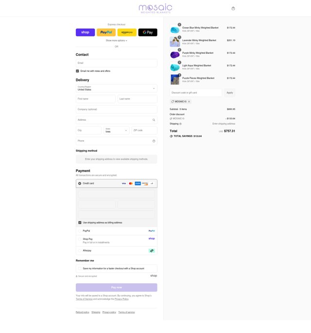 Mosaic Weighted Blankets checkout page showing Mosaic Weighted Blankets promo code box | Screenshot taken by SimplyCodes community member on Sep 4, 2025