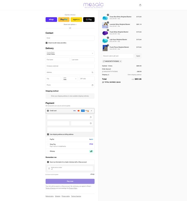 Mosaic Weighted Blankets checkout page showing Mosaic Weighted Blankets promo code box | Screenshot taken by SimplyCodes community member on Aug 31, 2025