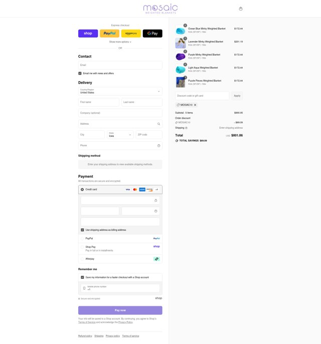 Mosaic Weighted Blankets checkout page showing Mosaic Weighted Blankets promo code box | Screenshot taken by SimplyCodes community member on Sep 4, 2025