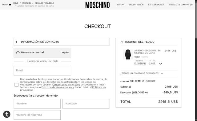 Moschino checkout page showing Moschino promo code box | Screenshot taken by SimplyCodes community member on May 21, 2025