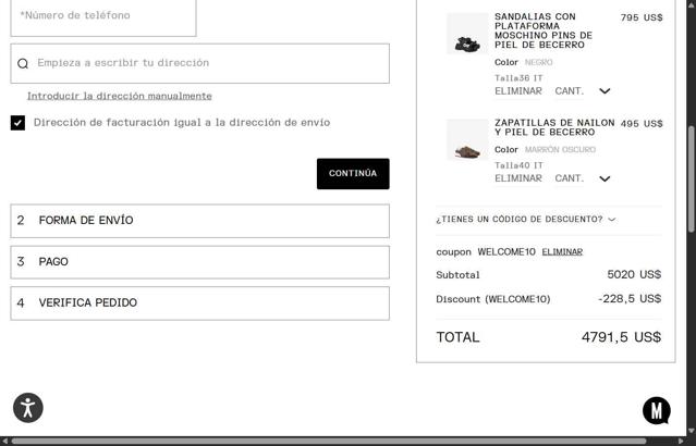 Moschino checkout page showing Moschino promo code box | Screenshot taken by SimplyCodes community member on May 5, 2025