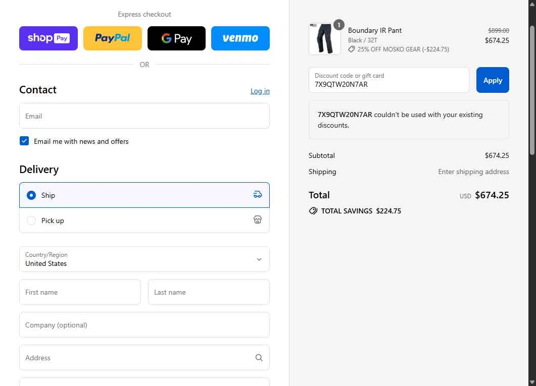 Mosko Moto checkout page showing Mosko Moto discount code box | Screenshot taken by SimplyCodes community member on Aug 28, 2025