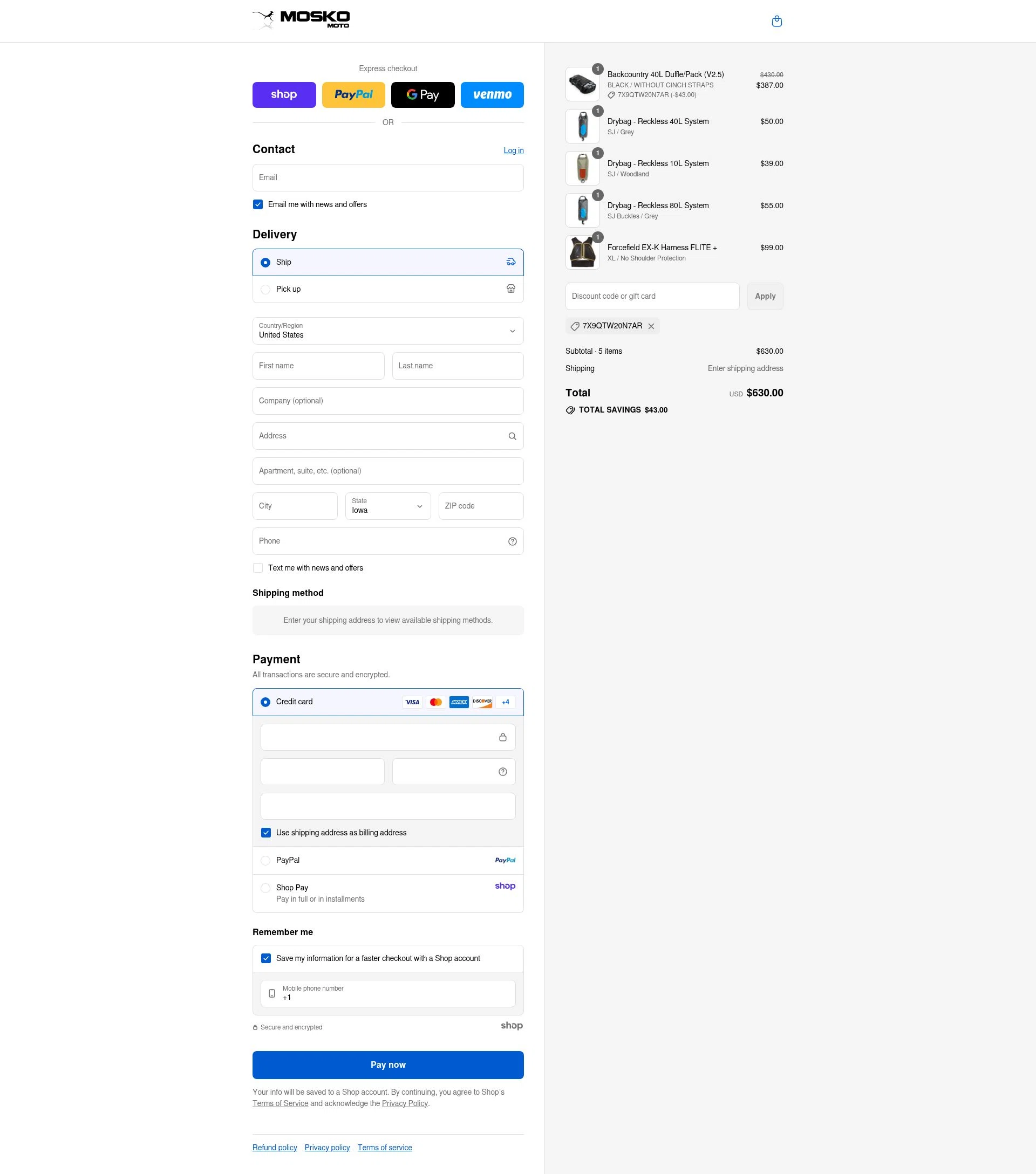 Mosko Moto checkout page showing Mosko Moto discount code box | Screenshot taken by SimplyCodes community member on Sep 7, 2025