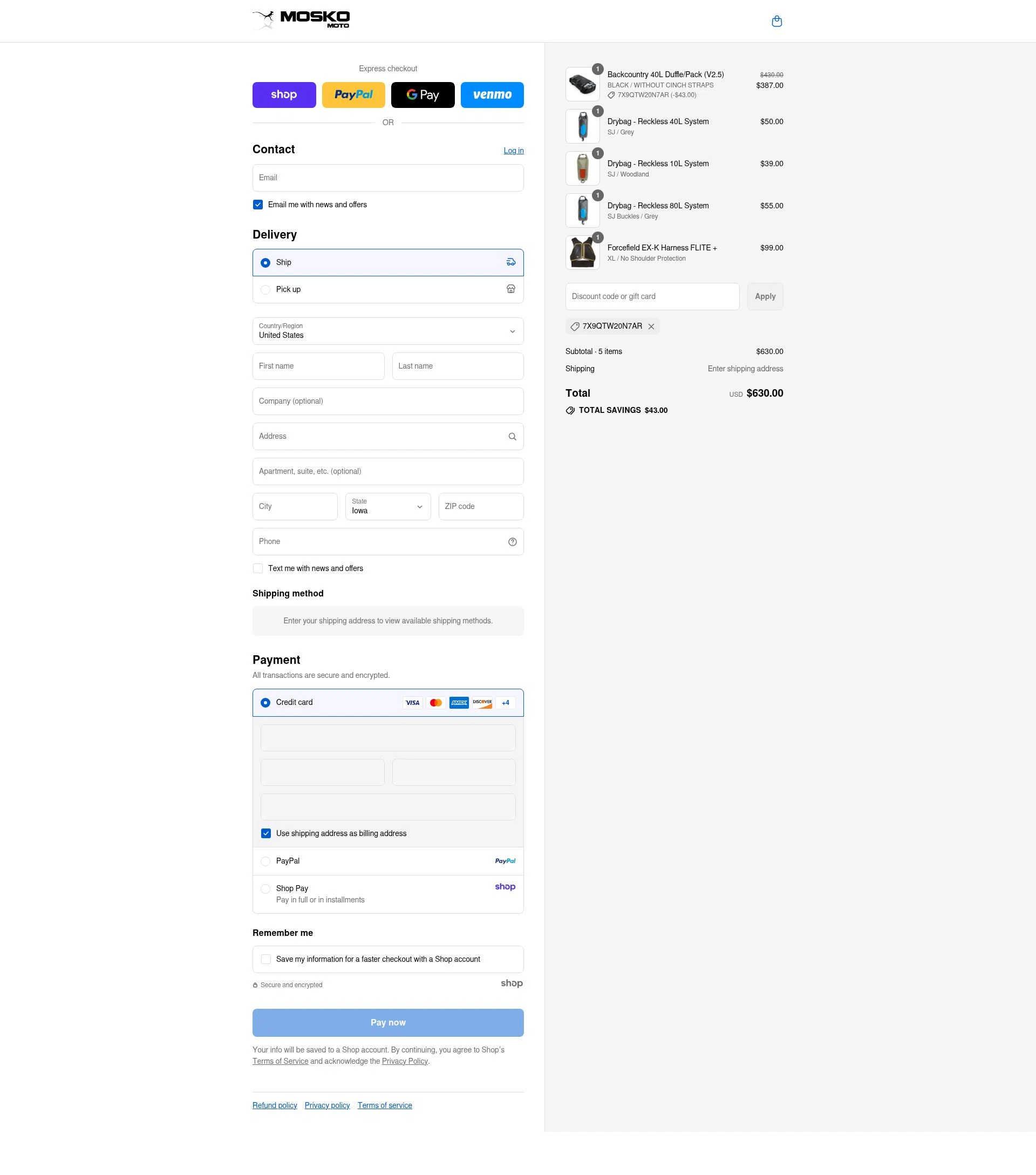 Mosko Moto checkout page showing Mosko Moto discount code box | Screenshot taken by SimplyCodes community member on Sep 3, 2025