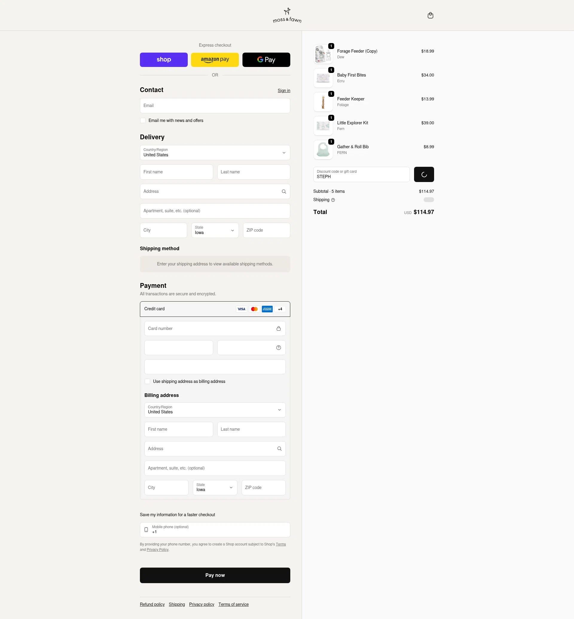 Moss & Fawn checkout page showing Moss & Fawn promo code box | Screenshot taken by SimplyCodes community member on Feb 6, 2026