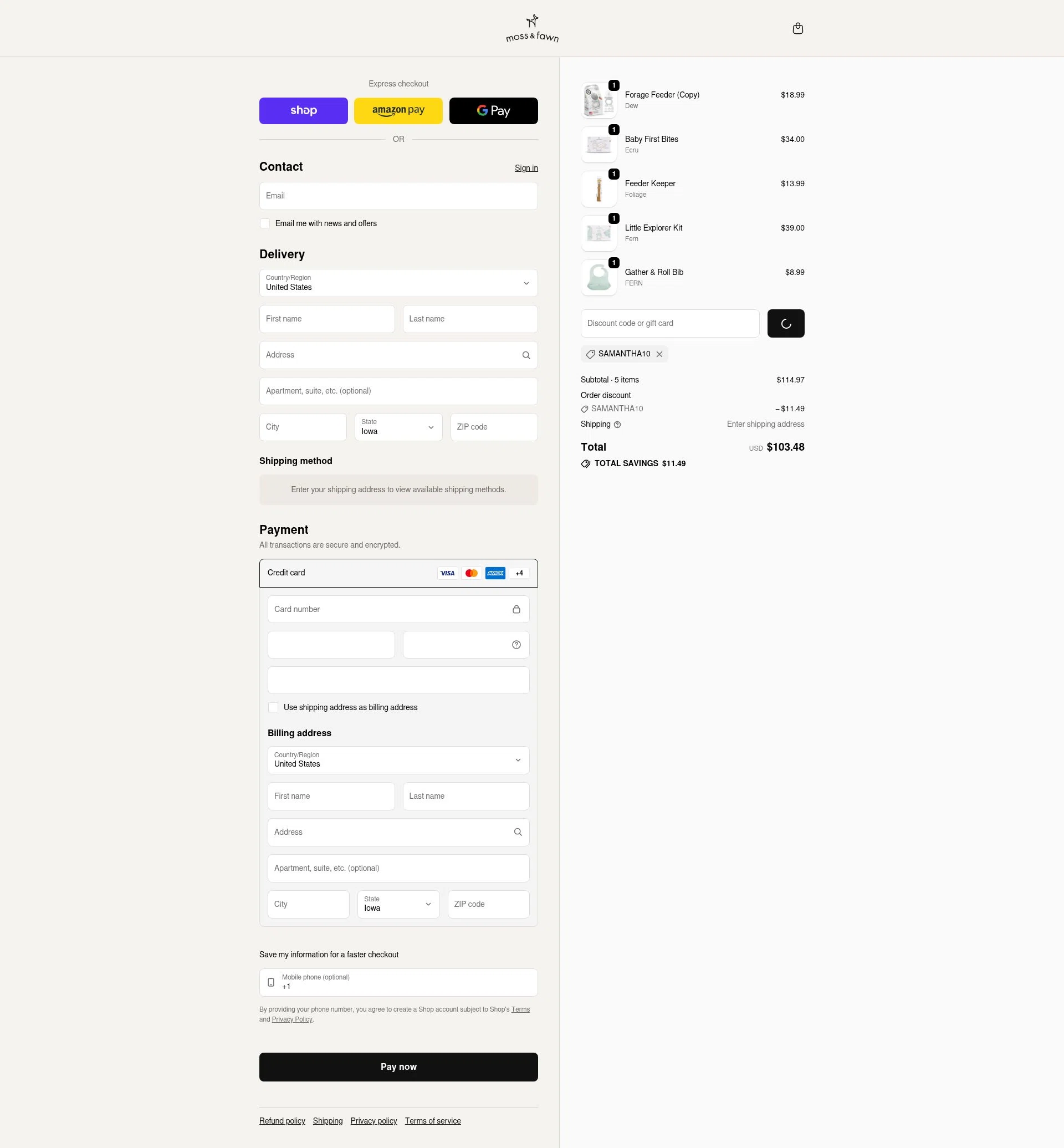 Moss & Fawn checkout page showing Moss & Fawn promo code box | Screenshot taken by SimplyCodes community member on Feb 6, 2026