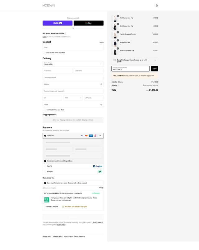 Mossman checkout page showing Mossman discount code box | Screenshot taken by SimplyCodes community member on Feb 19, 2025