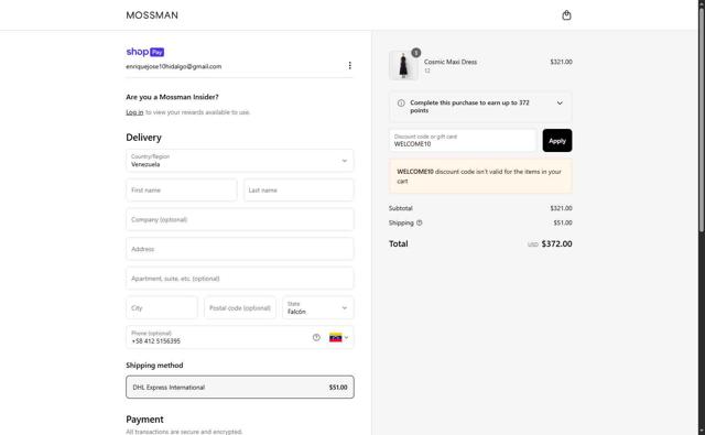 Mossman checkout page showing Mossman discount code box | Screenshot taken by SimplyCodes community member on Jul 2, 2025