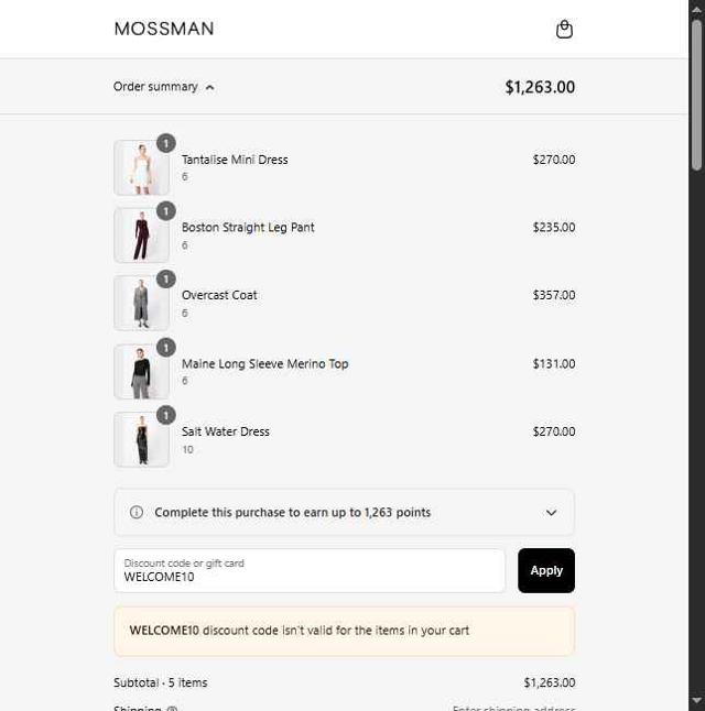 Mossman checkout page showing Mossman discount code box | Screenshot taken by SimplyCodes community member on May 16, 2025