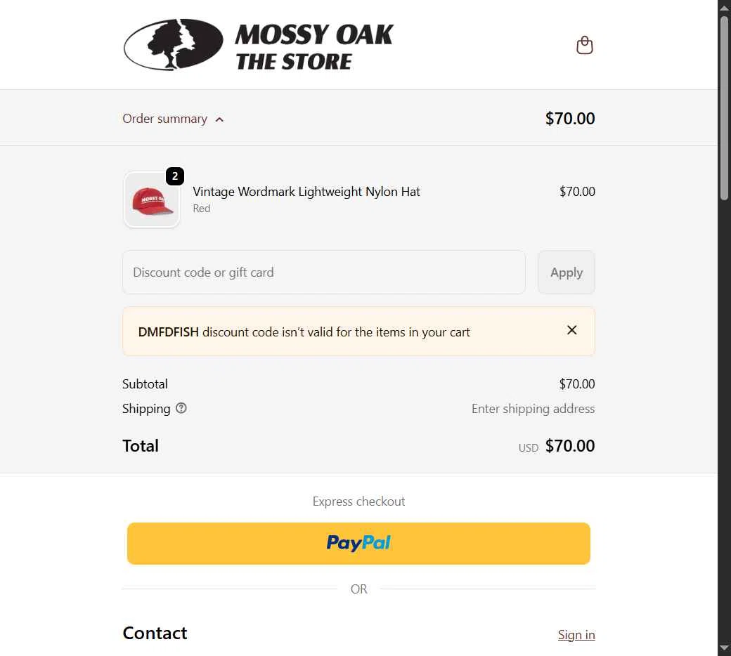 Mossy Oak Store checkout page showing Mossy Oak Store discount code box | Screenshot taken by SimplyCodes community member on Feb 18, 2026