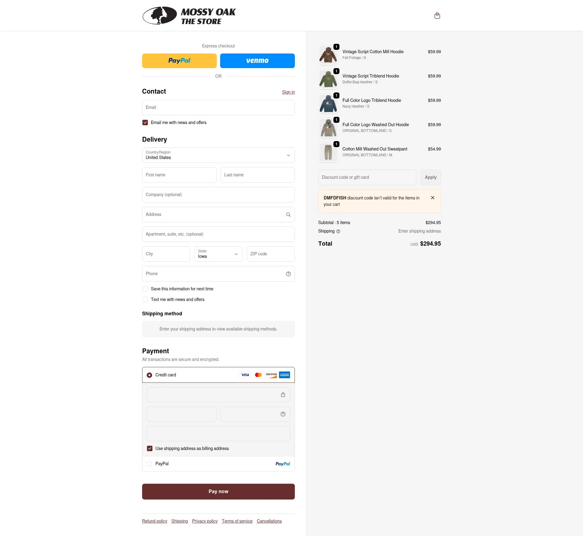Mossy Oak Store checkout page showing Mossy Oak Store discount code box | Screenshot taken by SimplyCodes community member on Feb 17, 2026