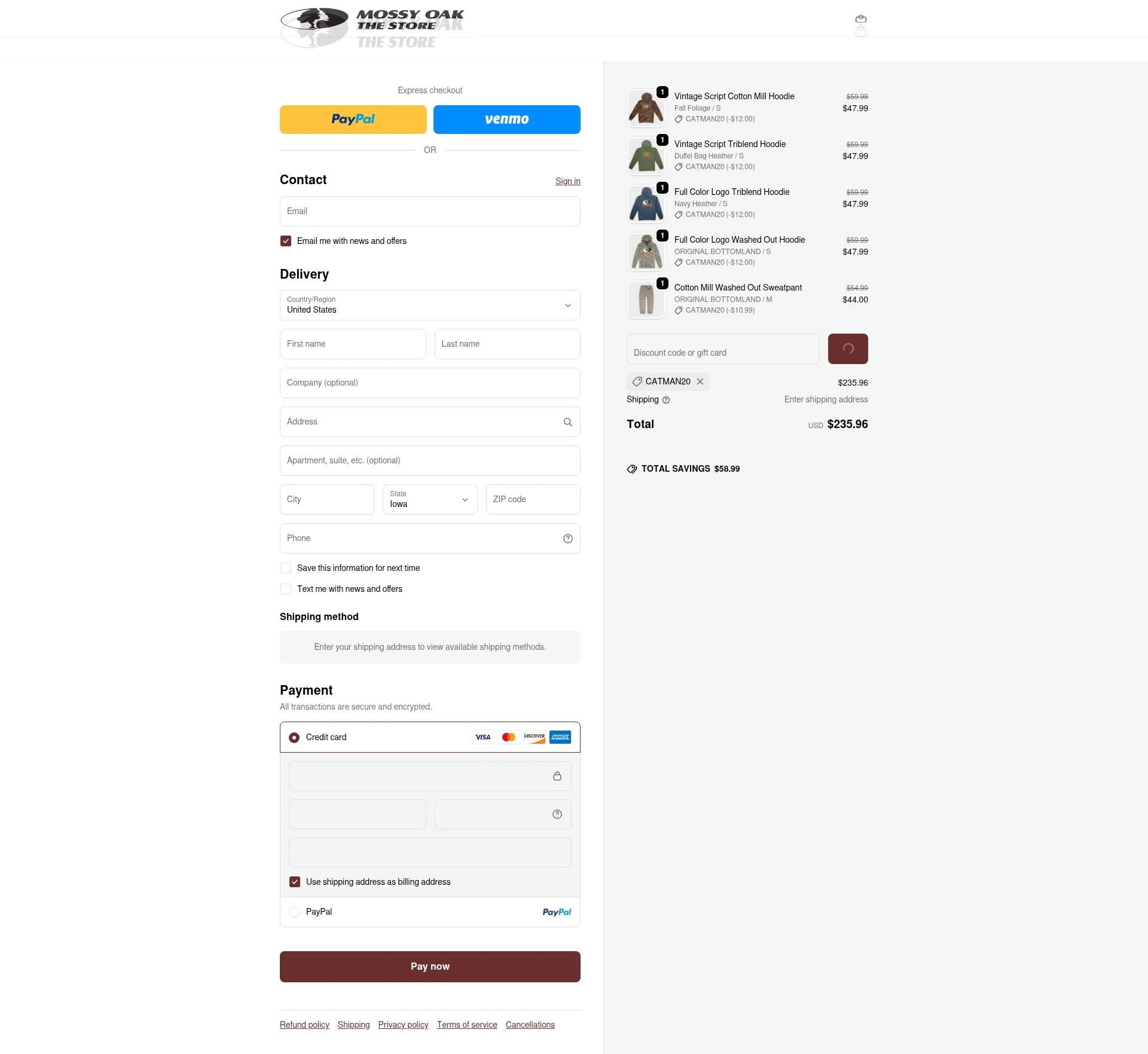 Mossy Oak Store checkout page showing Mossy Oak Store discount code box | Screenshot taken by SimplyCodes community member on Feb 17, 2026