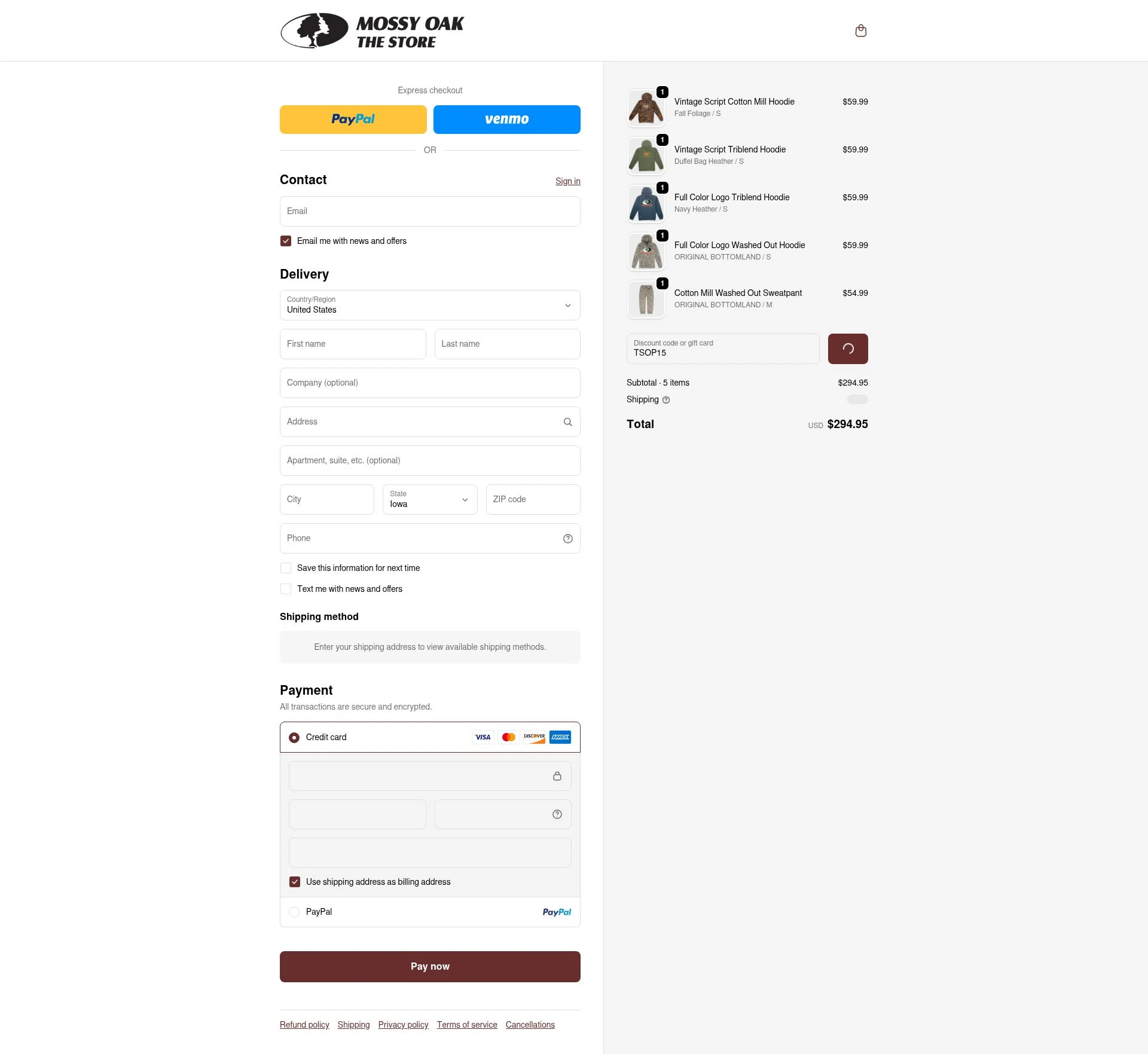 Mossy Oak Store checkout page showing Mossy Oak Store discount code box | Screenshot taken by SimplyCodes community member on Feb 17, 2026