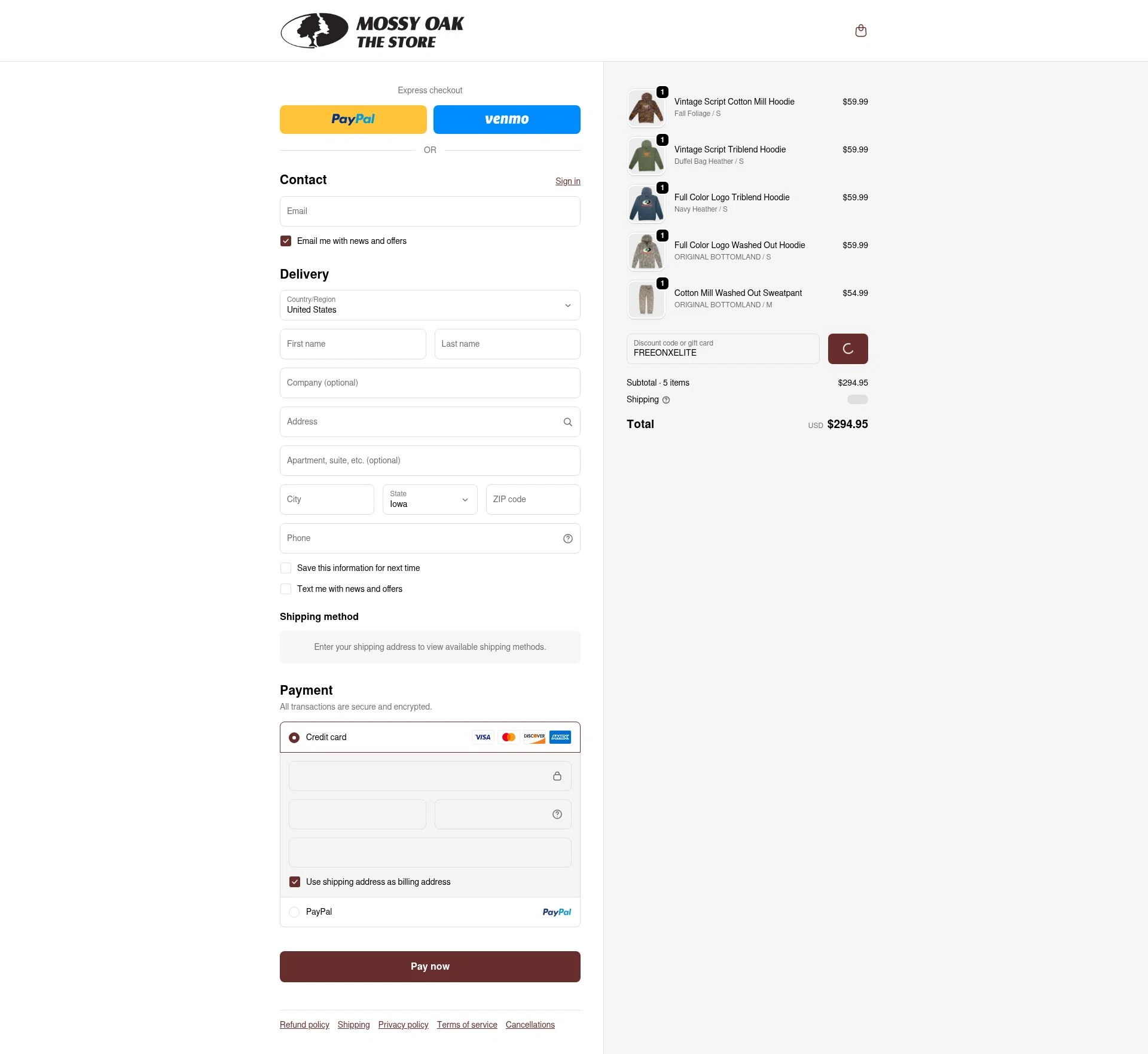 Mossy Oak Store checkout page showing Mossy Oak Store discount code box | Screenshot taken by SimplyCodes community member on Feb 17, 2026